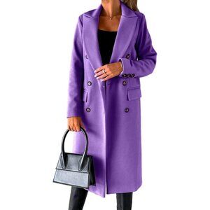 Women's Purple Long Wool Double-Breasted Trench Coat for Fall & Winter